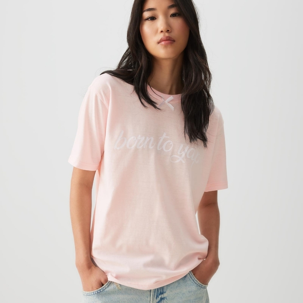 BORN TO YAP Oversized Basic Tee with Bow Detail 🎀, Pastel Pink (XS) - Picture 2 of 5